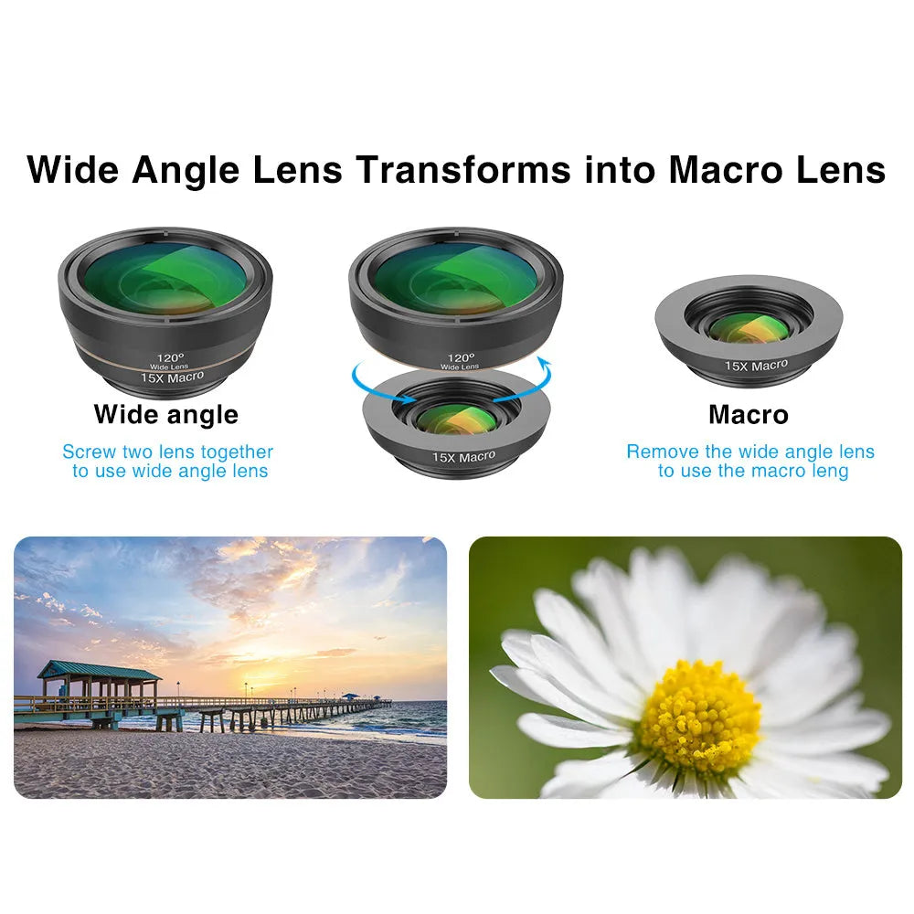 Black 6 in 1 mobile phone lens kit with fisheye, telephoto, wide-angle macro, CPL and star filters in EVA case.