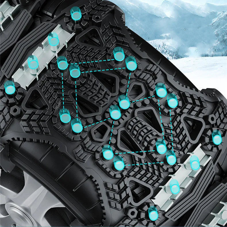 Universal nonskid chain with steel plate gear on a snowy road, black colour, with packaging on a table
