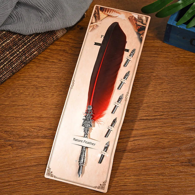 Vintage feather dip pen with zinc alloy shell in a choice of ten colours on a desk.