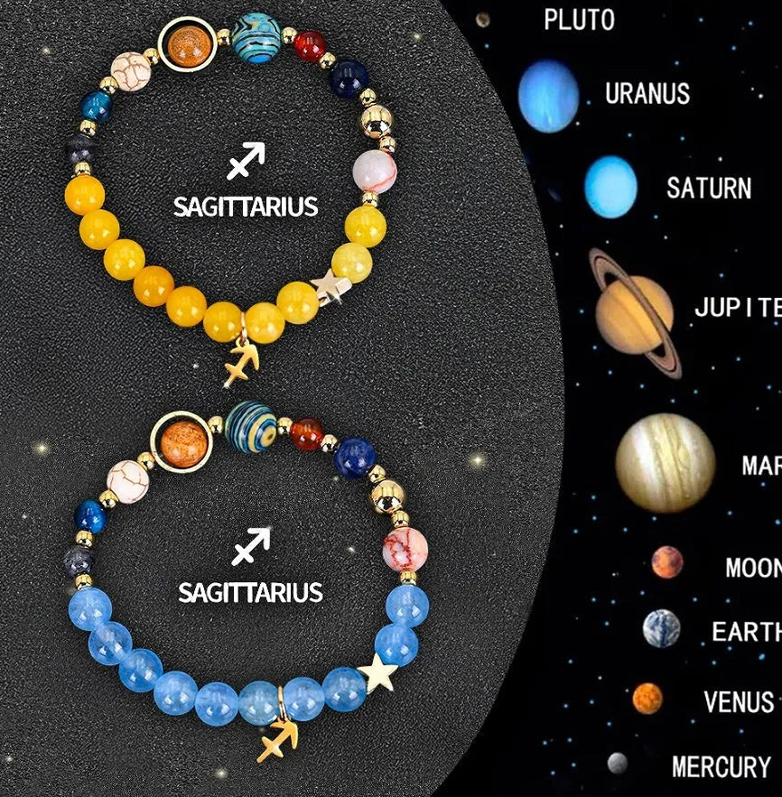 Set of twelve natural stone beaded bracelets with zodiac signs on adjustable elastic cords
