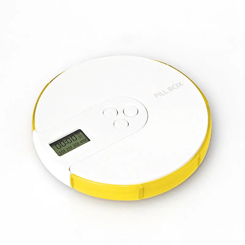 7-compartment alarm clock pill dispenser showing eight colour options with 11cm square dimensions