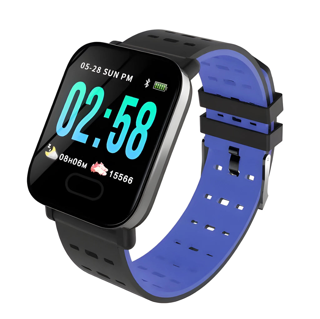 A6 smart bracelet with colour touchscreen and silicone strap in blue, black, or orange colours
