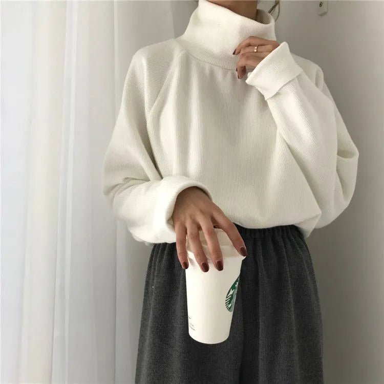 Women's half-high collar long sleeve loose top in solid colour on a hanger