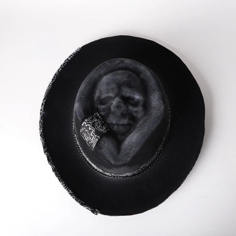 Handmade Halloween skull hat in wool felt and denim with conical crown shape
