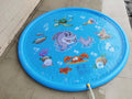 Blue PVC children's water spray play mat with marine animal designs, shown in 100cm and 170cm sizes.