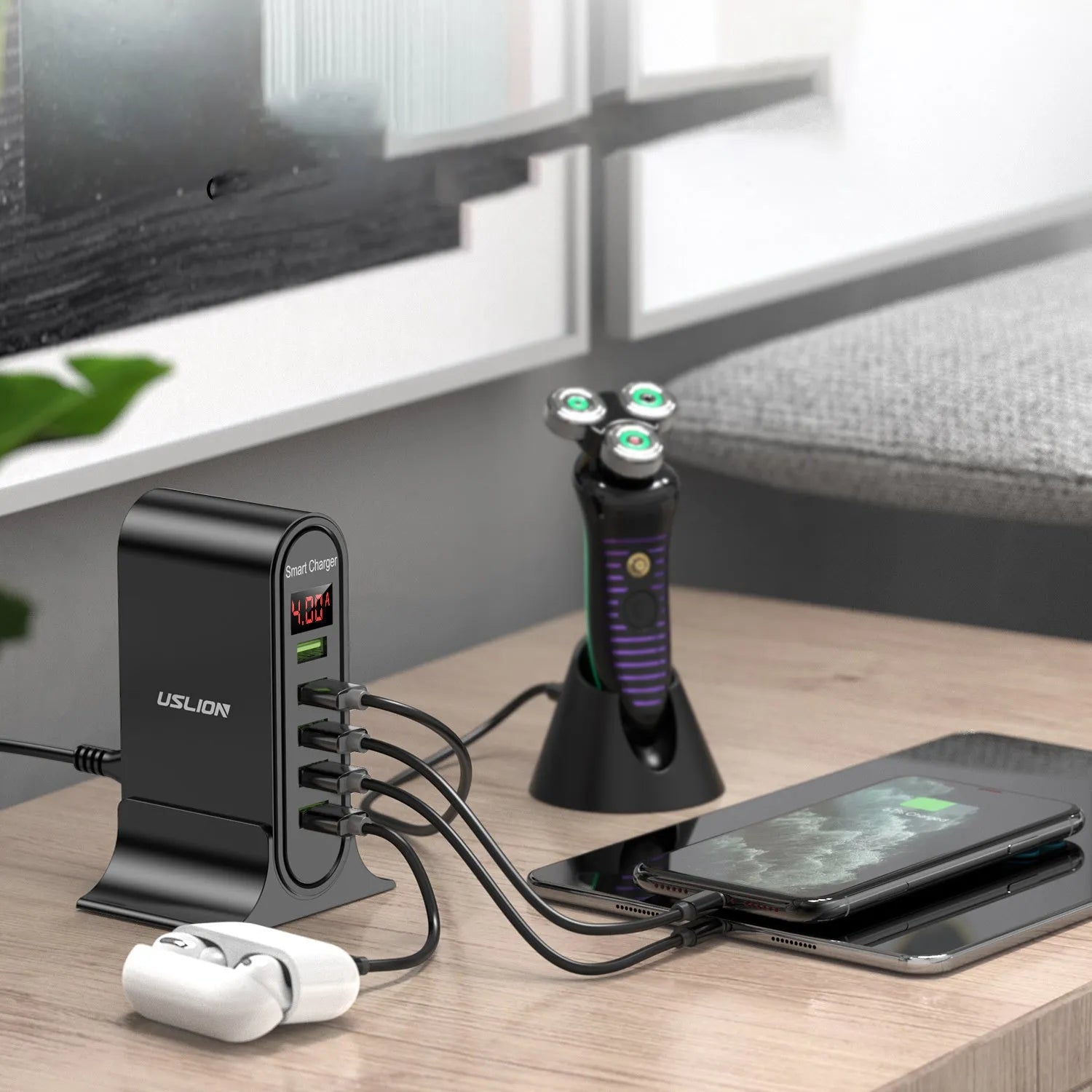 Black and white USB chargers with LED digital displays showing EU, UK, and US plug styles.