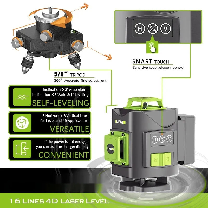 Green 16-line laser level tool with aluminium housing inside its nylon carry case.