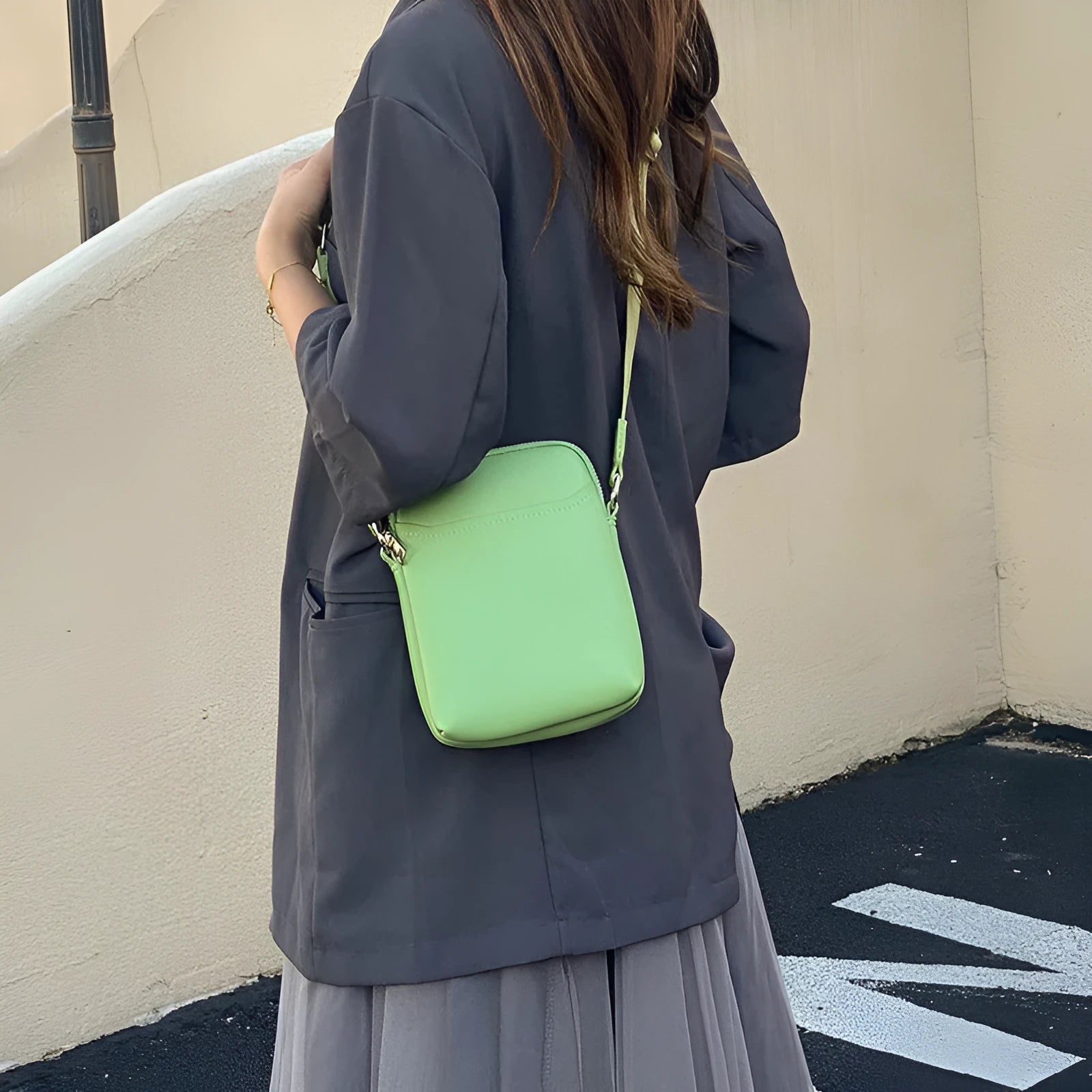 Solid colour PU leather mobile phone shoulder bag showing crossbody and shoulder carry options