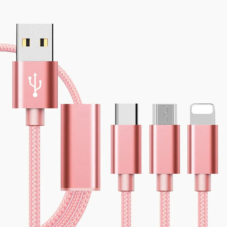 Three-in-one mobile phone charging cable with Micro USB connector showing three branch ends
