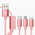 Three-in-one mobile phone charging cable with Micro USB connector showing three branch ends