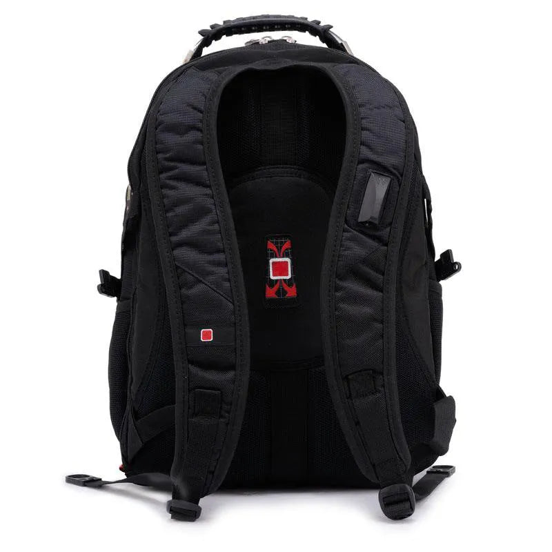 Black 38-litre business laptop backpack with three compartments and multiple pockets for organisation.