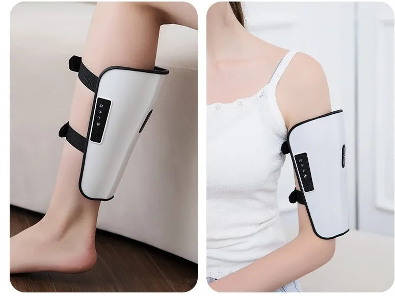 White plastic pulse calf massager with mechanical controls for infrared physiotherapy and electrotherapy leg massage