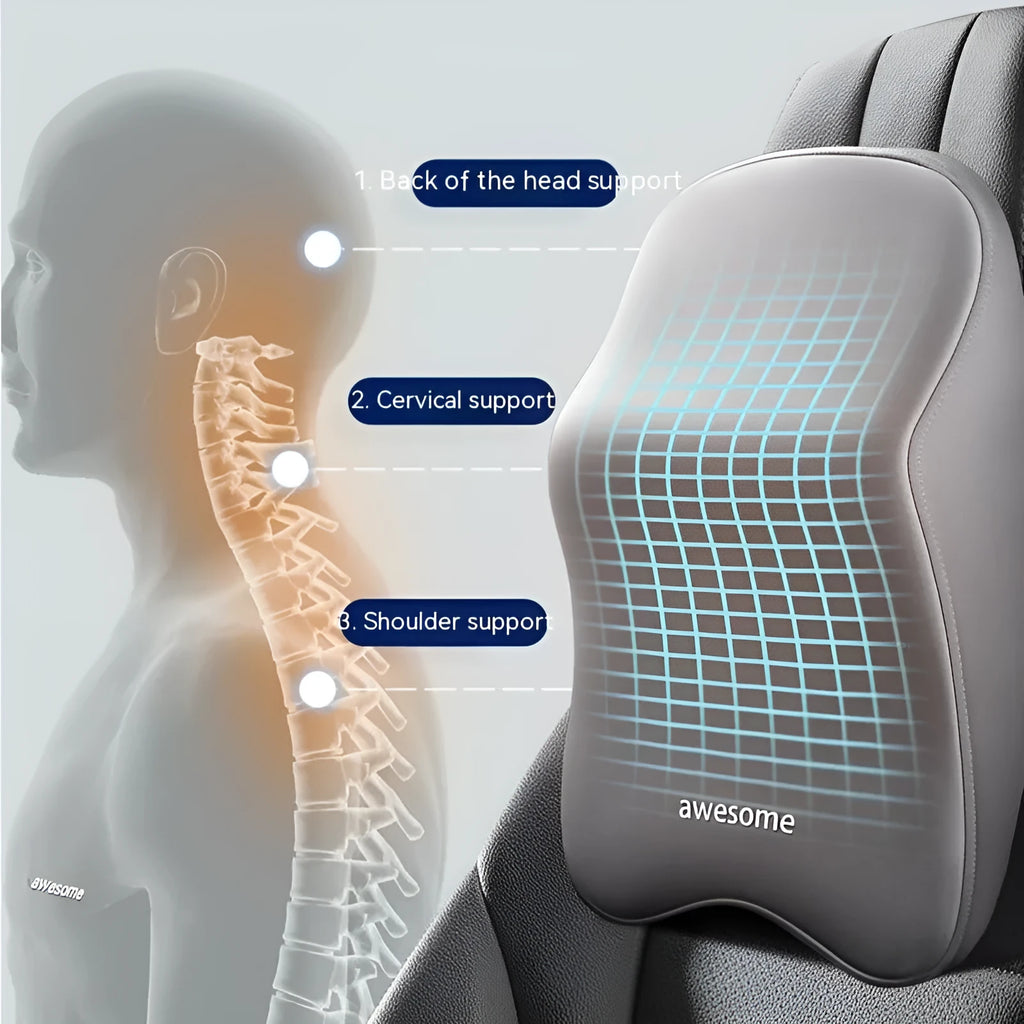 Memory foam car pillow set showing black headrest pillow and lumbar support pillow on a car seat