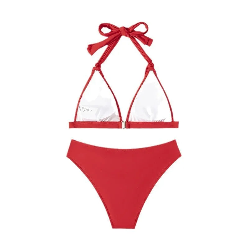 Red women's lace-up halterneck split beach bikini with top and shorts set
