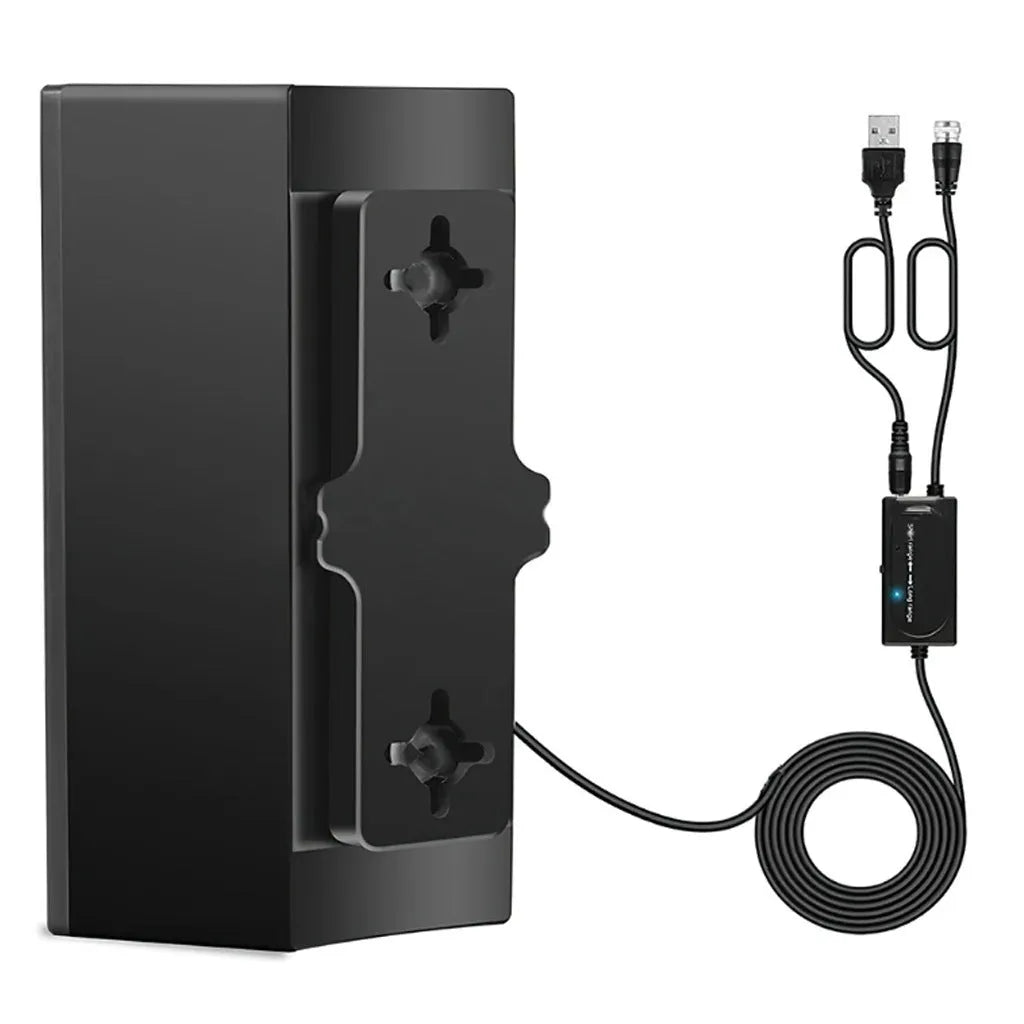 Black plastic digital television antenna with expansion tube and mounting screws on a white background.
