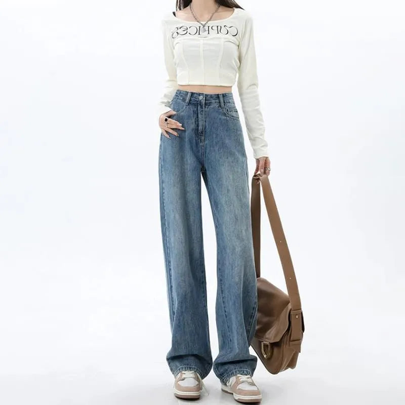 Retro blue high waist wide leg jeans for women with straight cut and stretch denim