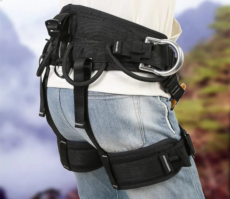 Black half body seat belt with adjustable waist and thigh straps, polyester construction, climbing holes for rescue training