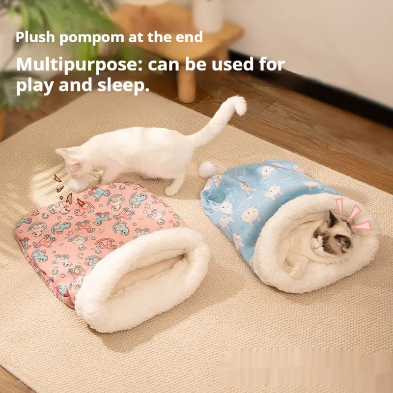 Blue flannel sleeping bag nest pet bed for cats measuring 50 by 40 cm
