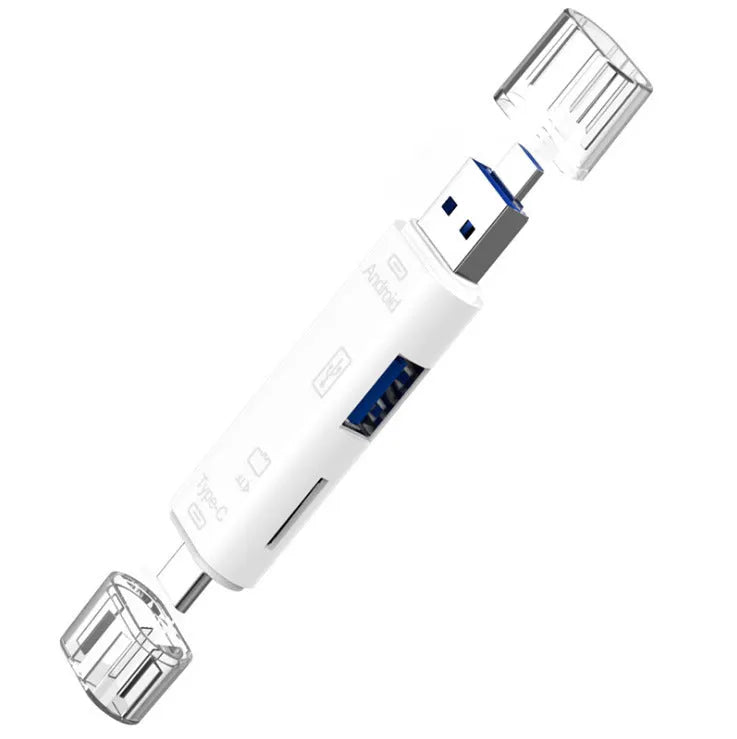 Black and white Type-C to Micro USB OTG hub adapter with TF card reader slot.