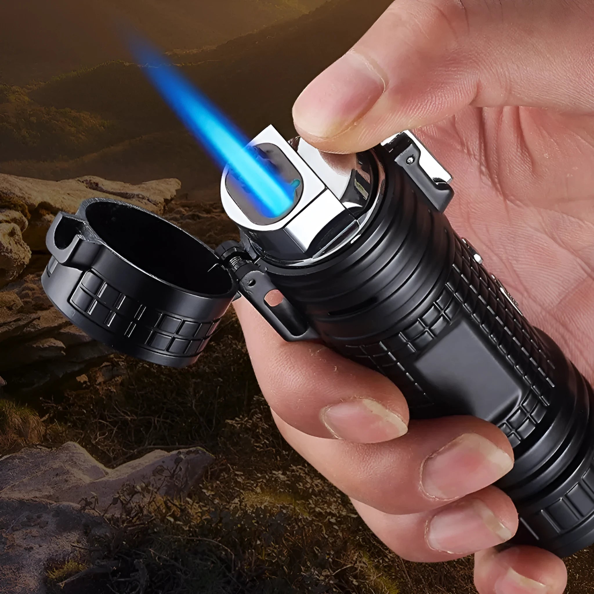 TH727 multifunction metal torch lighter in camouflage colour showing combined flashlight and lighter design.