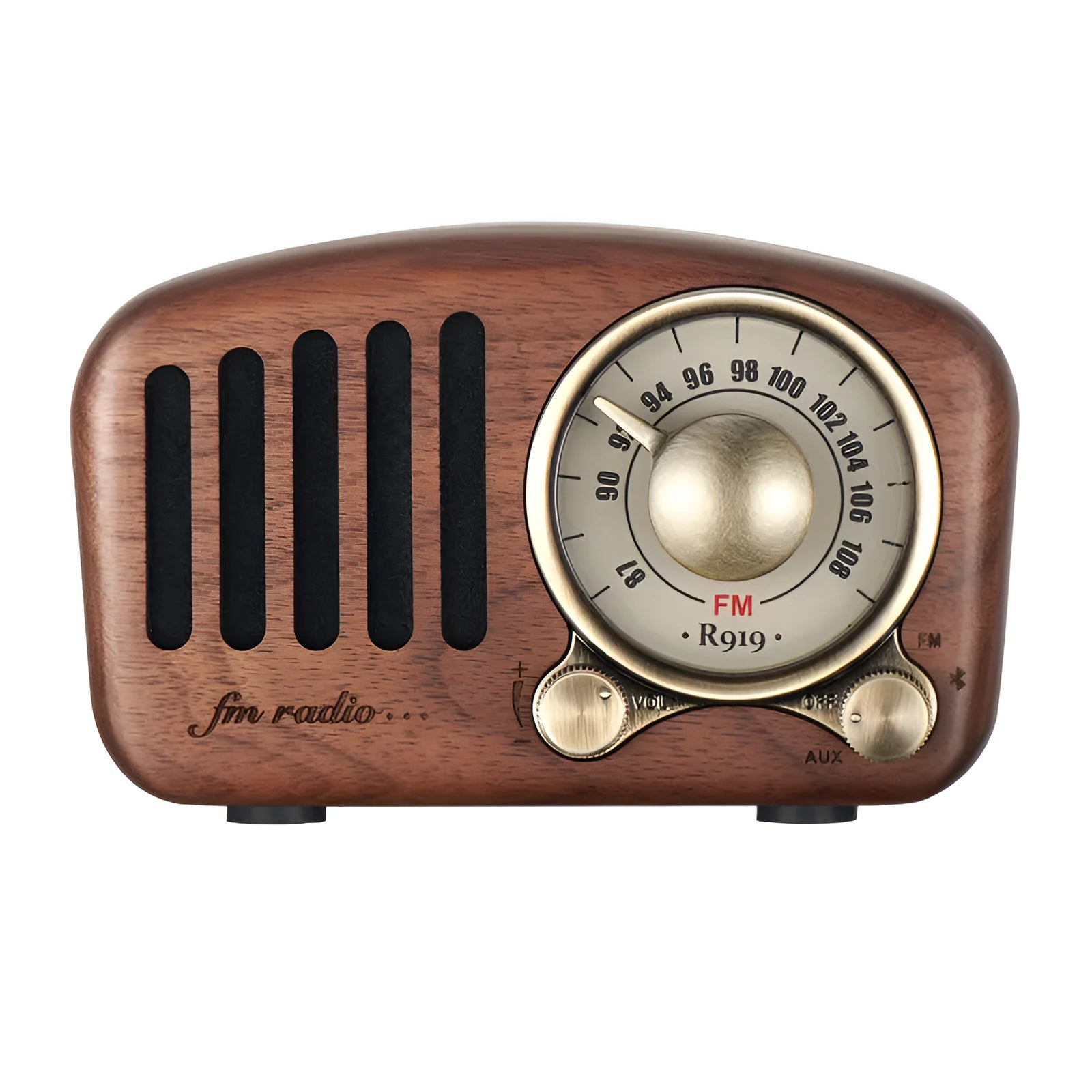 Retro wooden wireless mini speaker in cherry wood or walnut finish showing compact dimensions