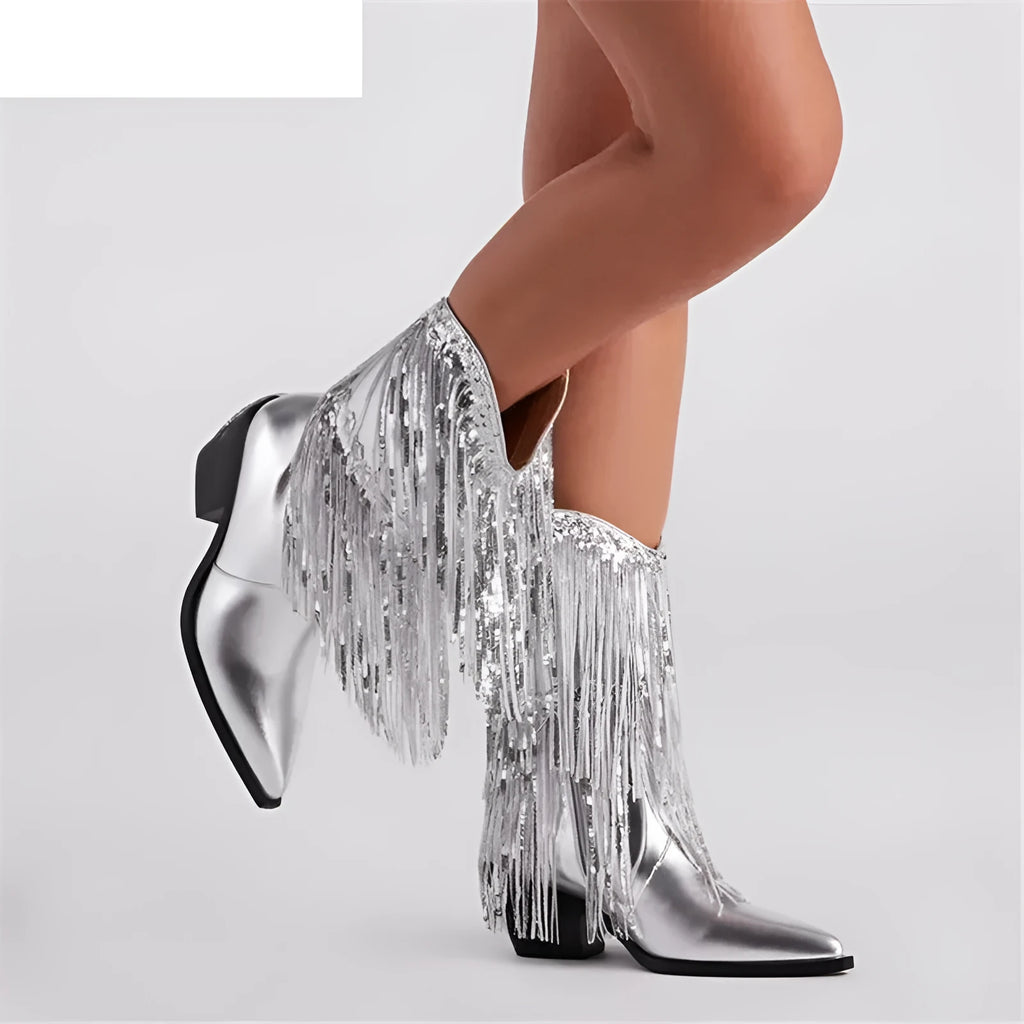 Women's chunky heel tassel boots with super high stiletto heels above 8cm and medium shaft depth
