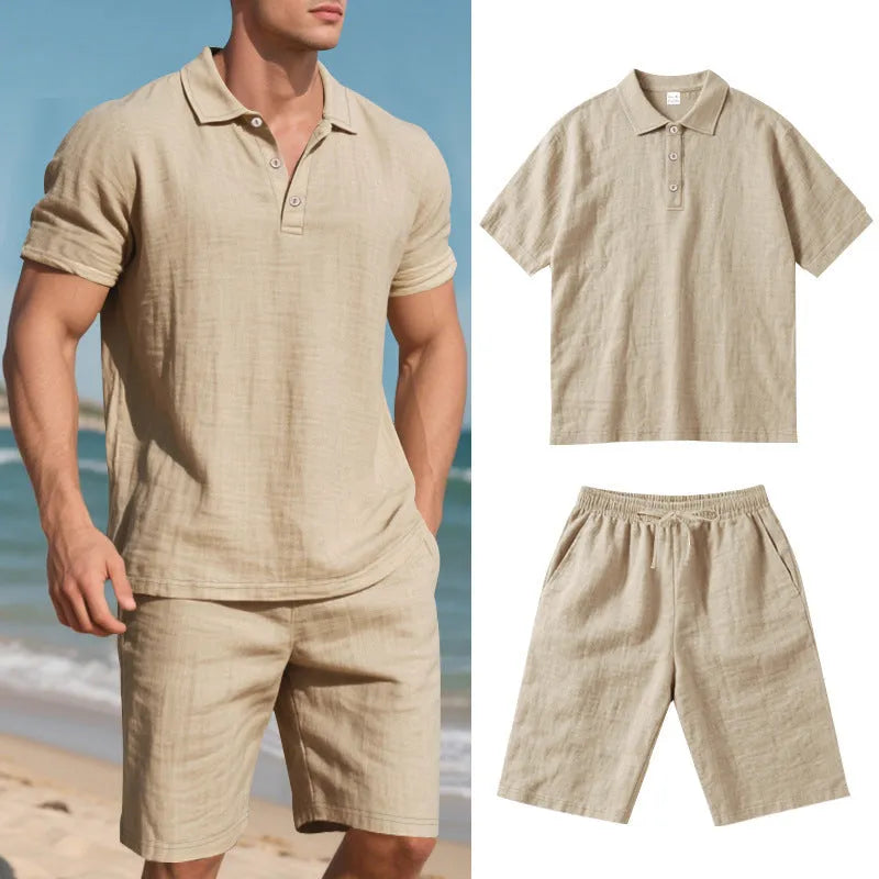 Summer men's casual linen blend shorts suit set in light blue with short-sleeve shirt and matching shorts on model