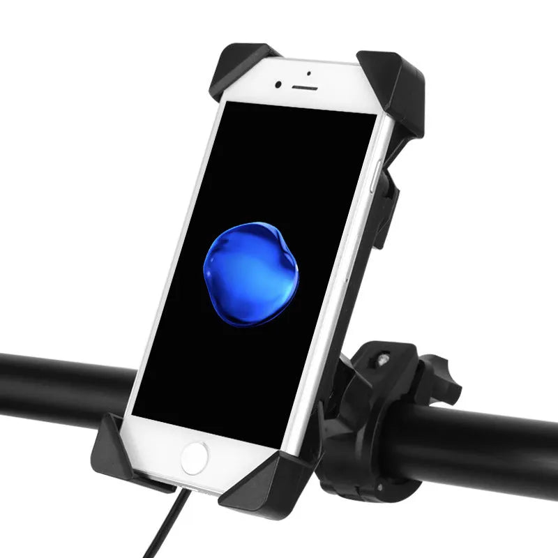 Black ABS motorcycle phone holder with USB charging cable mounted on handlebar