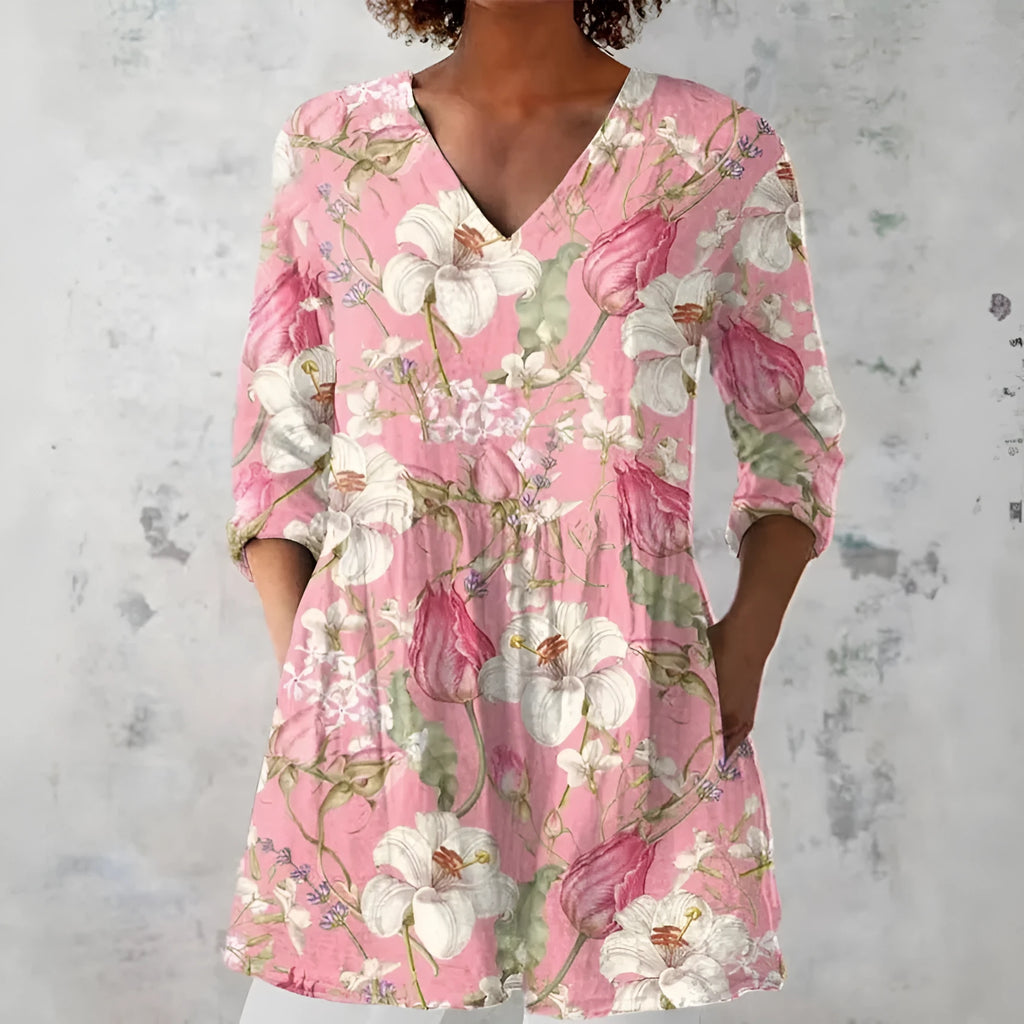 Women's slim fit retro print long sleeve top in polyester, shown in one of twelve available colour styles.