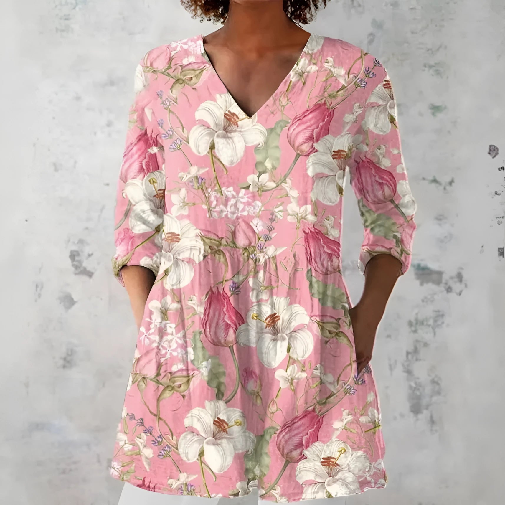Women's slim fit retro print long sleeve top in polyester, shown in one of twelve available colour styles.
