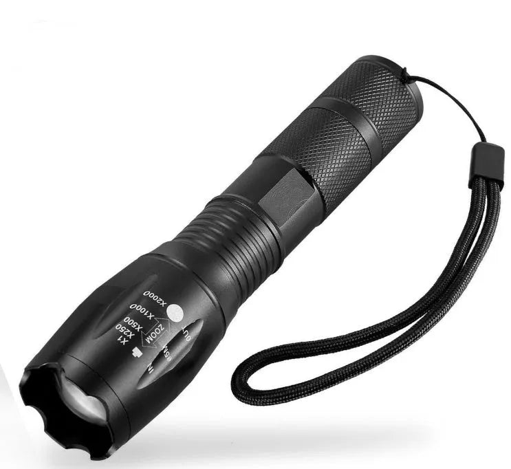 Portable mini LED zoom torch with aluminium alloy body, adjustable focus, and 200-500 metre range in black
