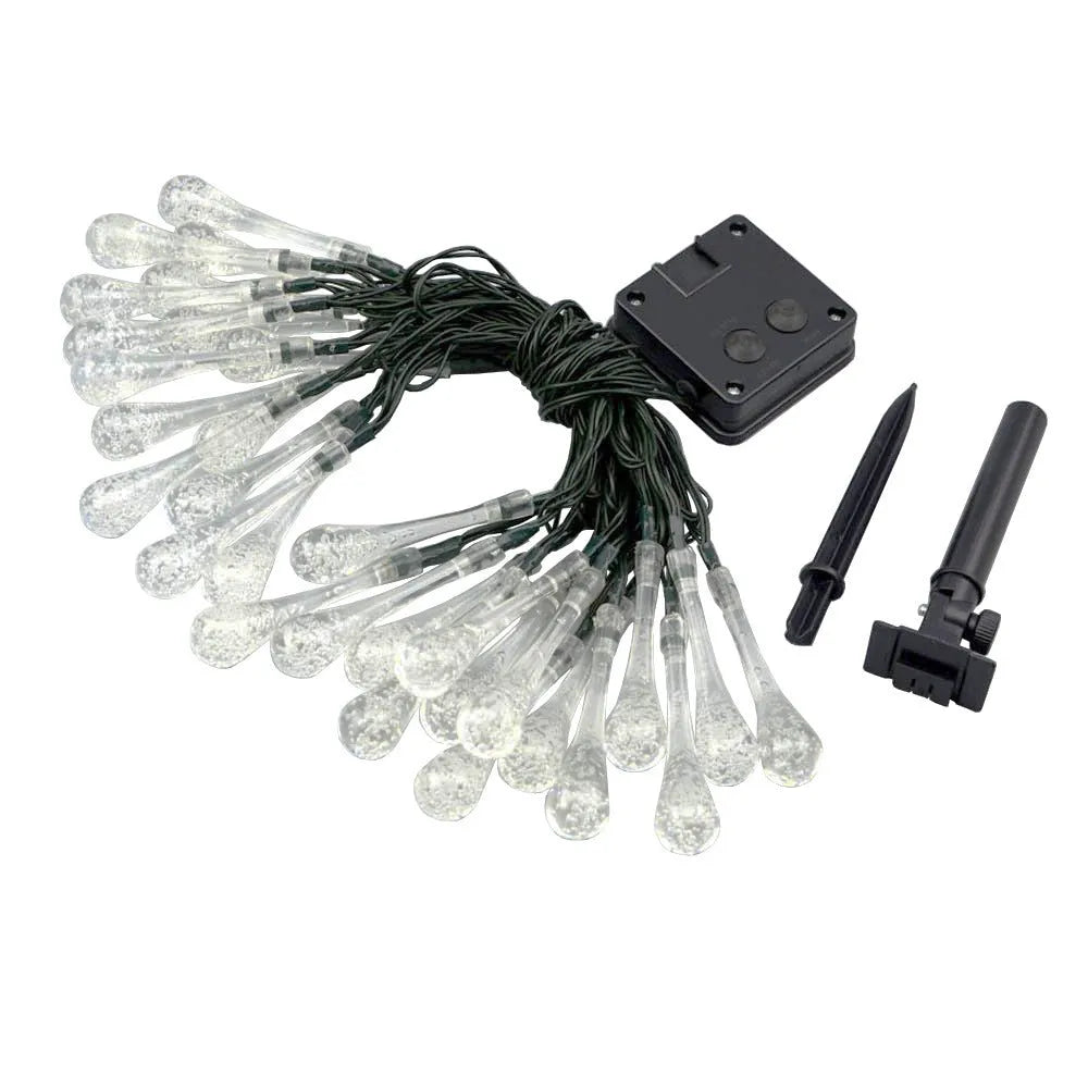 Solar-powered water drops LED string lights for outdoor garden decoration with waterproof design