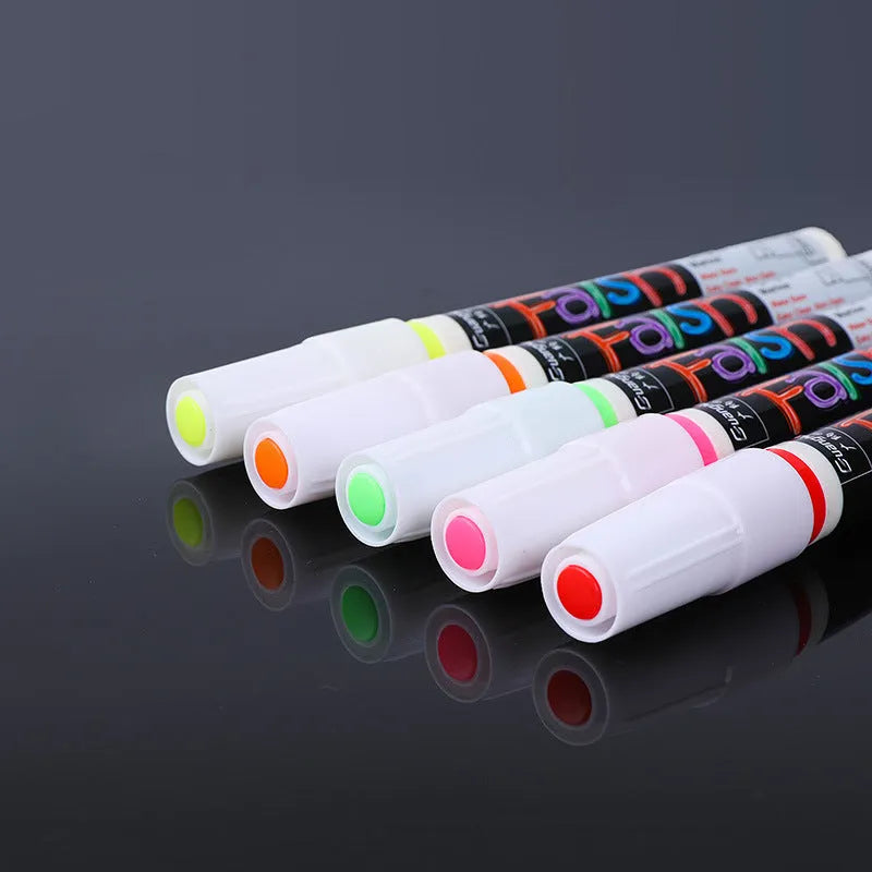 Electronic fluorescent board highlighter with 6mm oblique tip showing pressure valve mechanism and colour options