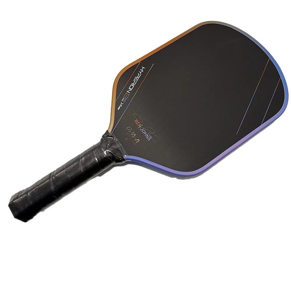Aurora Hyperion 3s pickleball racket with multi-colour pattern on matte carbon fibre, showing full paddle dimensions.
