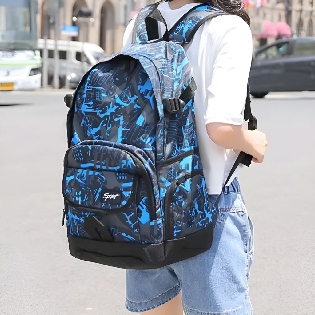 Classic blue and red nylon backpacks showing large capacity design for school and travel.