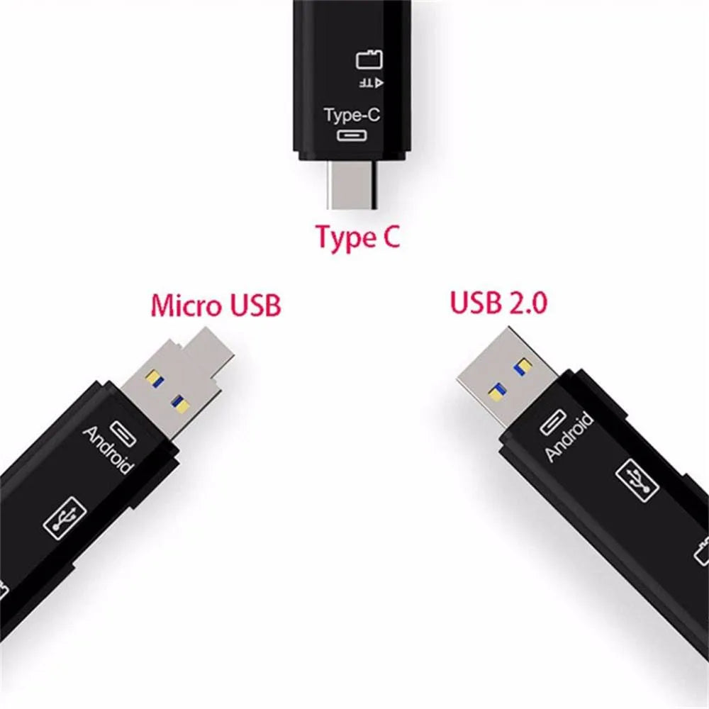 Black and white Type-C to Micro USB OTG hub adapter with TF card reader slot.
