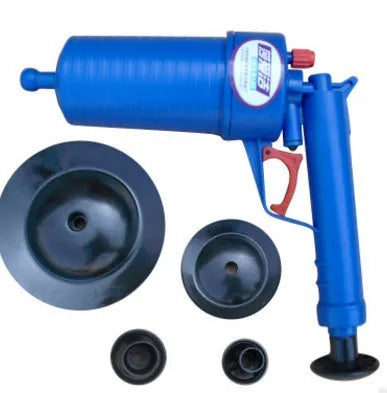 Plastic air power drain blaster unblocking gun with four different sized rubber adaptors for sinks and toilets.