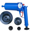 Plastic air power drain blaster unblocking gun with four different sized rubber adaptors for sinks and toilets.