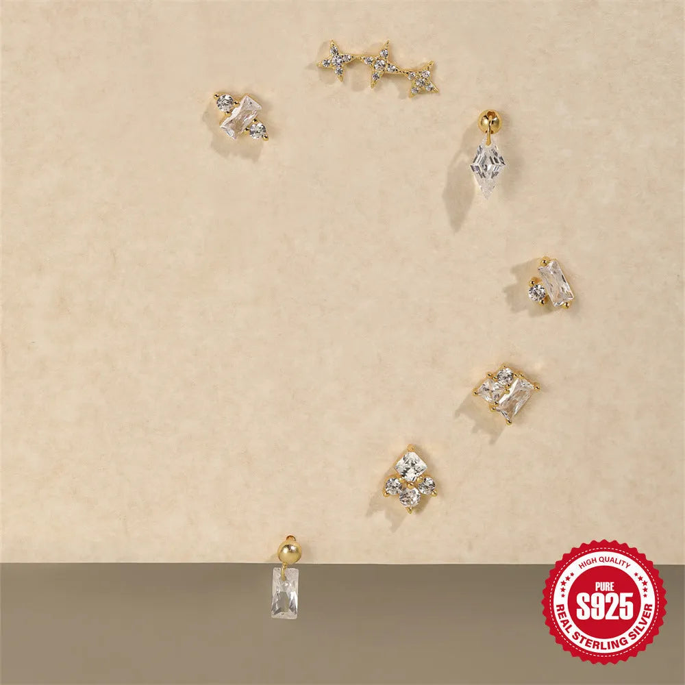 S925 sterling silver square gravel stud earrings with electroplated golden finish and flower shape design