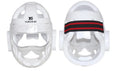 Karate helmet protective equipment in white, blue, and red colours available in multiple sizes