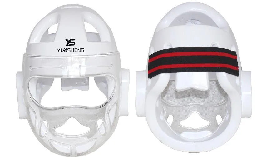 Karate helmet protective equipment in white, blue, and red colours available in multiple sizes