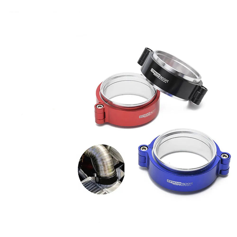 Aluminium exhaust clamp for turbo downpipes in black, blue, and red with 800psi pressure rating
