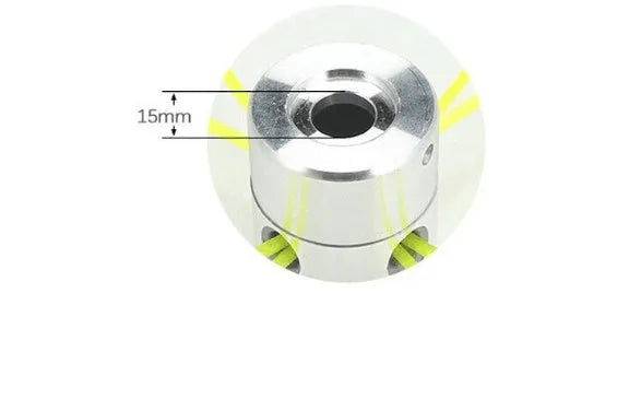 Silver aluminium lawn mower grass trimmer head with four light yellow square cords, wrench, and gasket