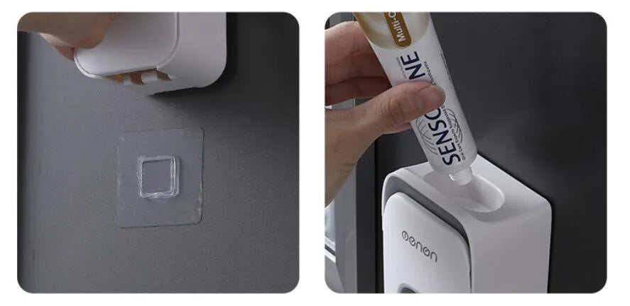 Automatic toothpaste dispenser unit in blue, grey, and pink colours made from ABS plastic.