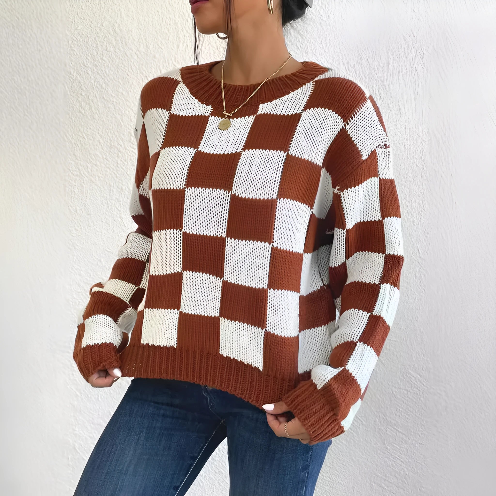 Dark brown plaid acrylic pullover sweater with round neck and long sleeves