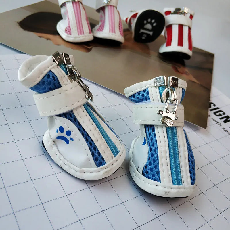 Blue VIP Teddy Schnauzer zipper closure dog shoes with non-slip sole, shown from the side.