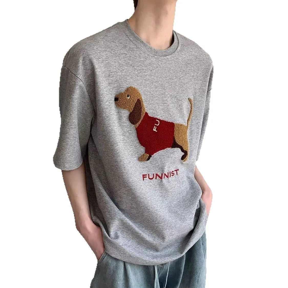 Men's grey cotton t-shirt with embroidered dachshund dog design on the front.