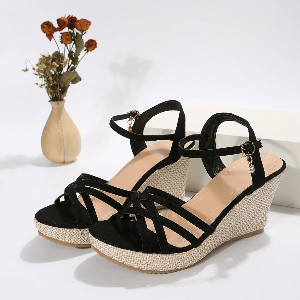 Women's wedge sandals with cloth upper and fish mouth toe shape in beige colour