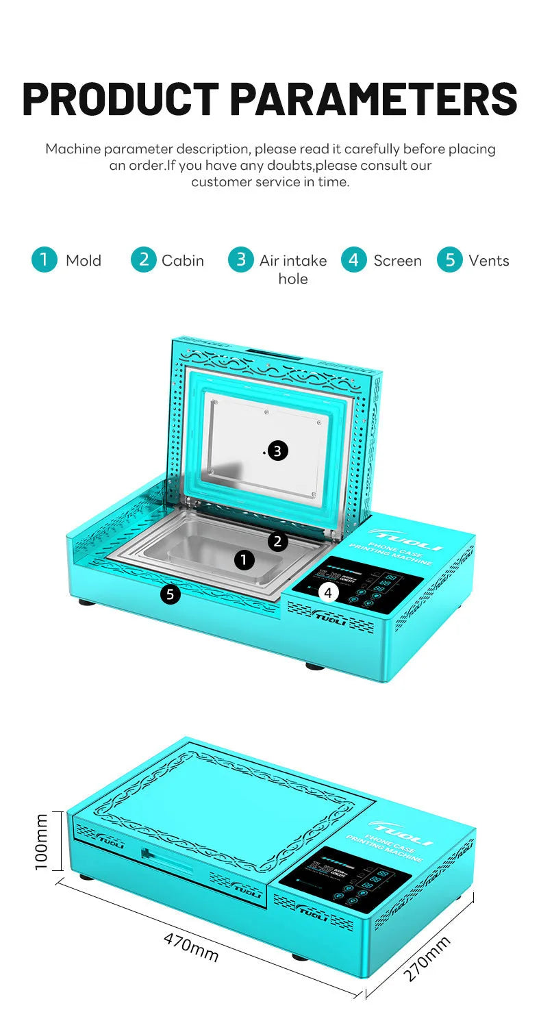 Metal phone case heat transfer printing machine with choice of electrical plug.