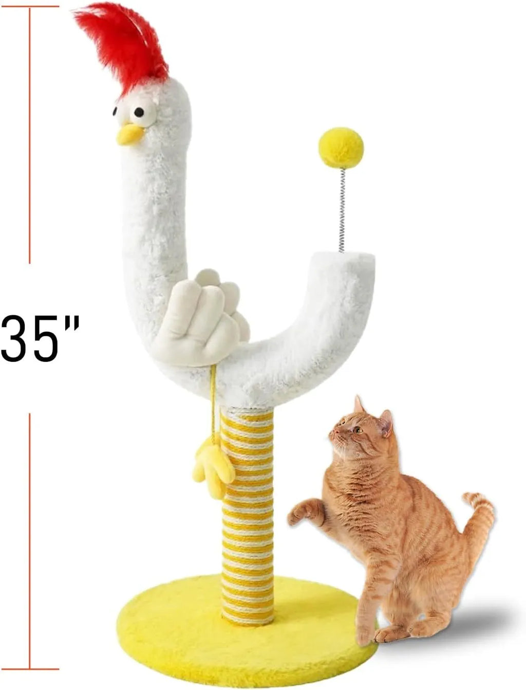 Yellow sisal rope cat scratching post with spring ball measuring 88cm tall